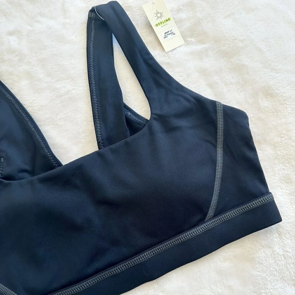 NWT Offline by Aerie Black with Gray Stitching Goals Padded Sports Bra - Size: S - Picture 2 of 7